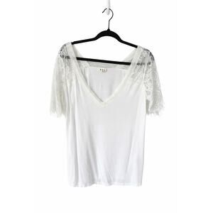 POL White Lace Sleeve V-Neck Top Large Boho Coquette Romantic Rayon Blend